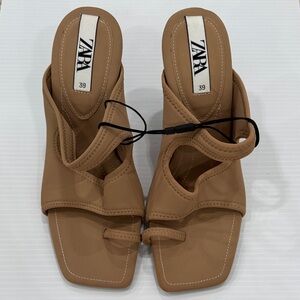ZARA Tan Strappy Square-Toe Slide Mules
